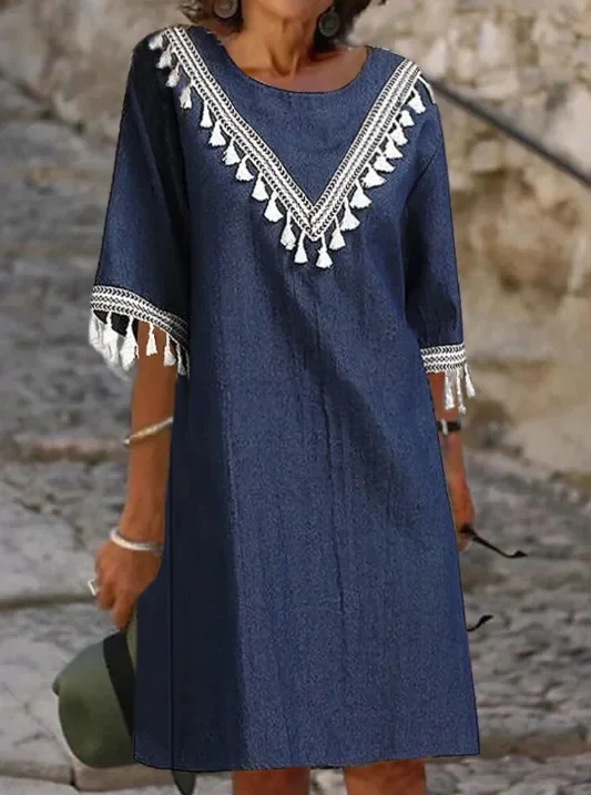 

2023 New Cross Border Women's Spring/Summer Round Neck Medium Sleeve Loose Solid Color Dress
