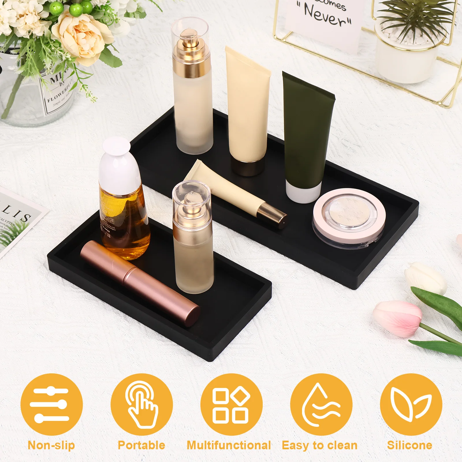 Silicone Soap Dispenser Tray Non-Slip Bathroom Vanity Storage Tray for Dish Soap Sponge Perfume Candle Countertop Storage