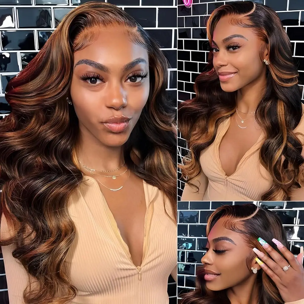 1B/30 Highlight 13x6 Lace Front Human Hair Wigs Ombre Black Brown Colored Preplucked Body Wave Lace Frontal Wig For Women 30Inch 3