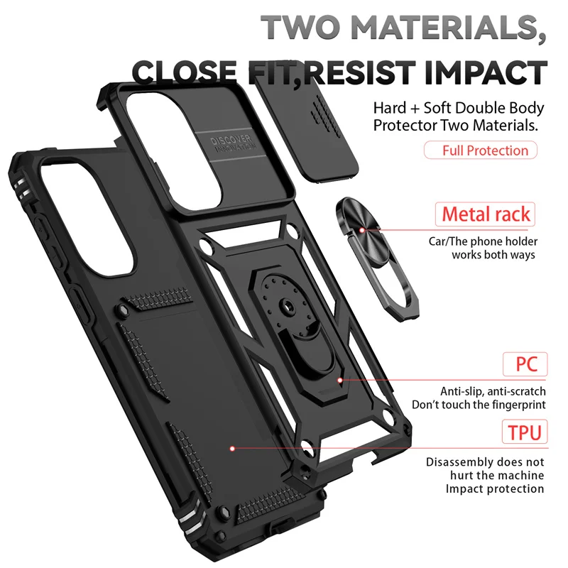 Slide Lens Camera Armor Phone Case with Car Magnetic Ring Holder and Back Cover