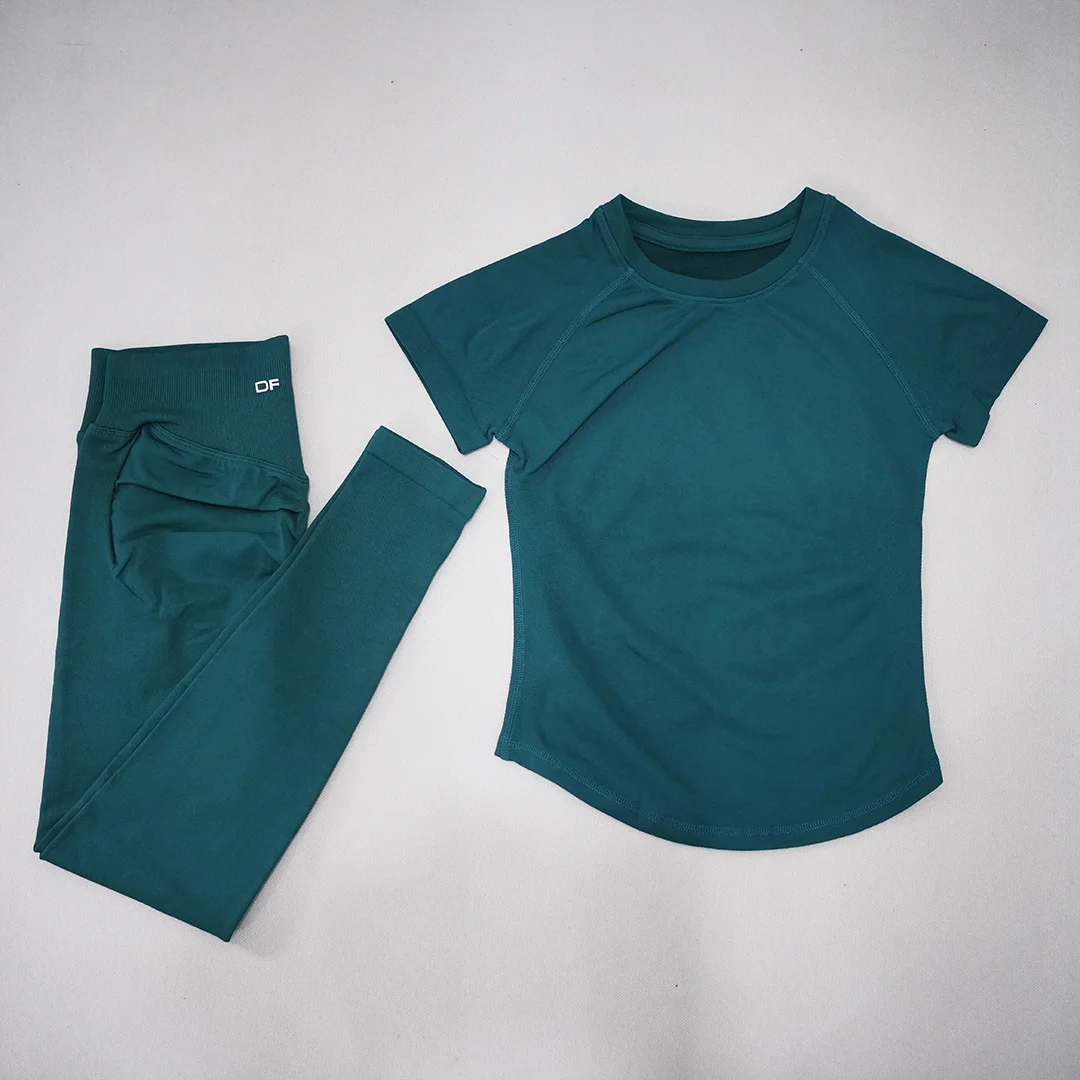 DF LOGO Ladies Seamless 2Pcs Yoga Set Short Sleeve Slim Top High Waist Leggings Quick Dry Breathable Gym Running Fitness Outfit