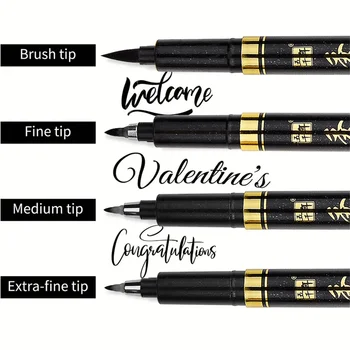 Set di pennarelli per calligrafia giapponese da 4 pezzi/lotto (spesso, medio, piccolo, ultrafine) con punta in feltro, pennarelli neri, custodia per roulatore 1