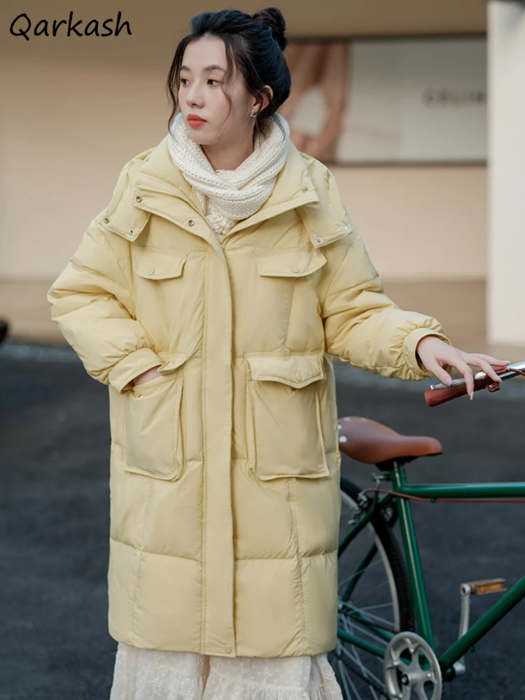 

Chic Thickening Detachable Hooded Long Parkas Women Fashion Solid Simple Loose Leisure Warm Pockets Winter Puffer Coats Girls