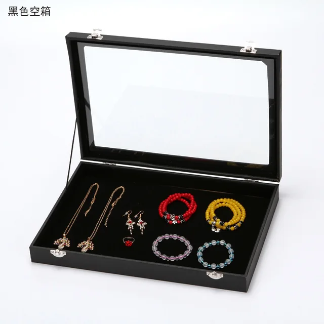 Boîte à bijoux noire avec couvercle, pour collier, bague, boucle d'oreille, Bracelet, affichage de rangement, cuir anti-poussière, Style décontracté, Surface dure
