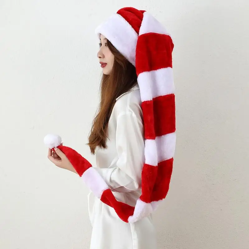 51in Plush Novelty Long-tail Santa Hat Striped Christmas Hat for Boy Girl Party F0T6