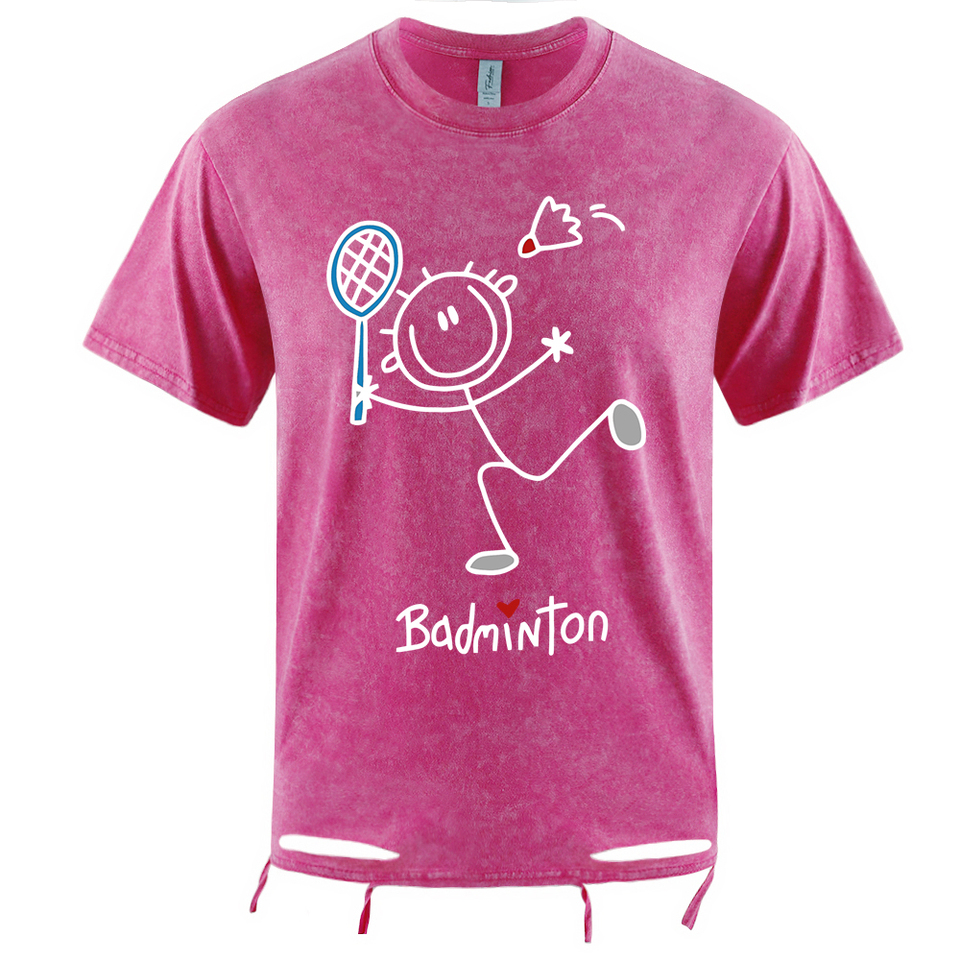 Play Badmintondesign Men Washed Holes T Shirts Summer Oversized T-Shirt Cotton Hip Hop Clothing Casual Crewneck Streetwear