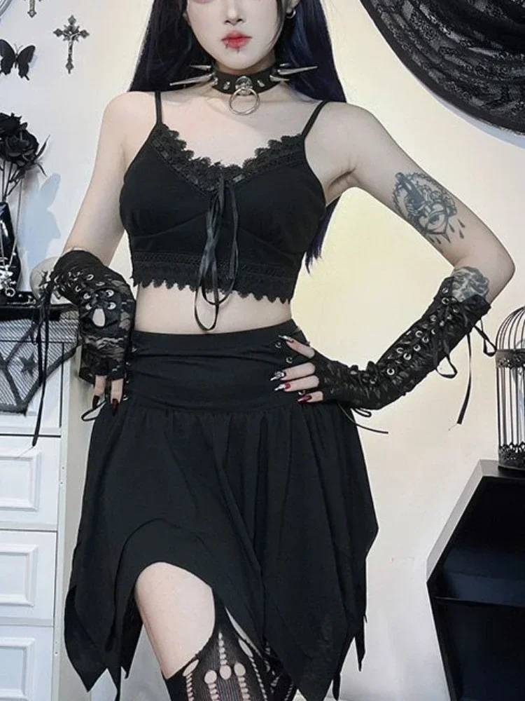 

Black Japanese Gothic Two-piece Set Women Designer Korean Y2k Skirts Suit Female 2024 Lace Crop Tops + Bandage Irregular Skirt