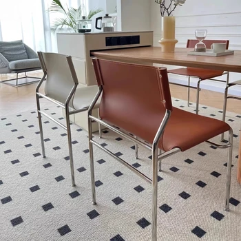 Italian Saddle Leather Dining Chair Modern Stainless Steel Backrest Seat Light Luxury Restaurant Seating Ergonomic Cafe Seat