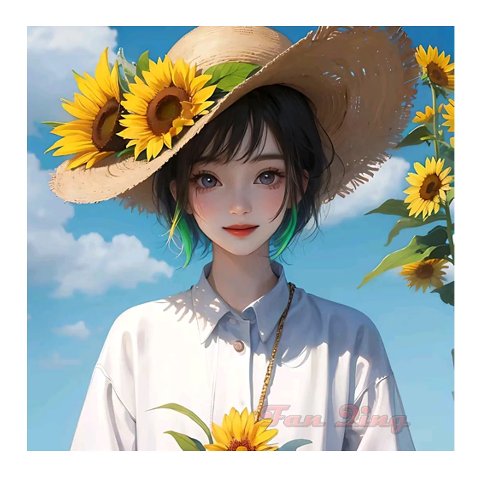 Aesthetic Girl With Sunflower - Diamond Painting - Diamond