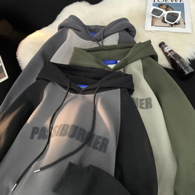 

Patchwork Hooded Sweatshirts Fashion Contrast Color Letter Printed Streetwear Hoody Pullovers Hoodies Men Baggy Hip Hop Coat