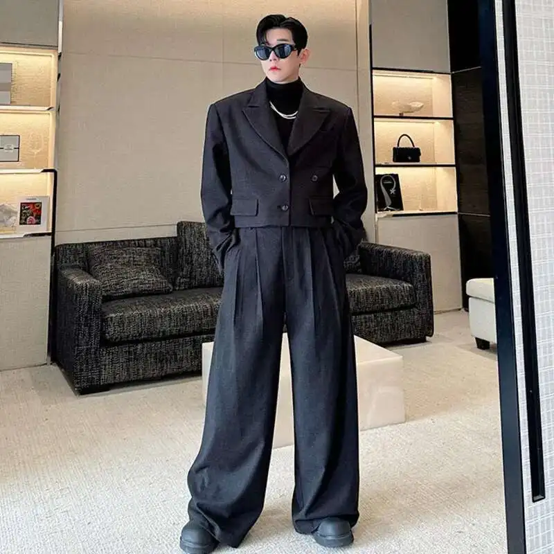 FEWQ Men's Two-piece Lapel Niche Design Solid Color Single Breasted Blazer Pleated Straight Wide Leg Male Suit Pants New 9C8389