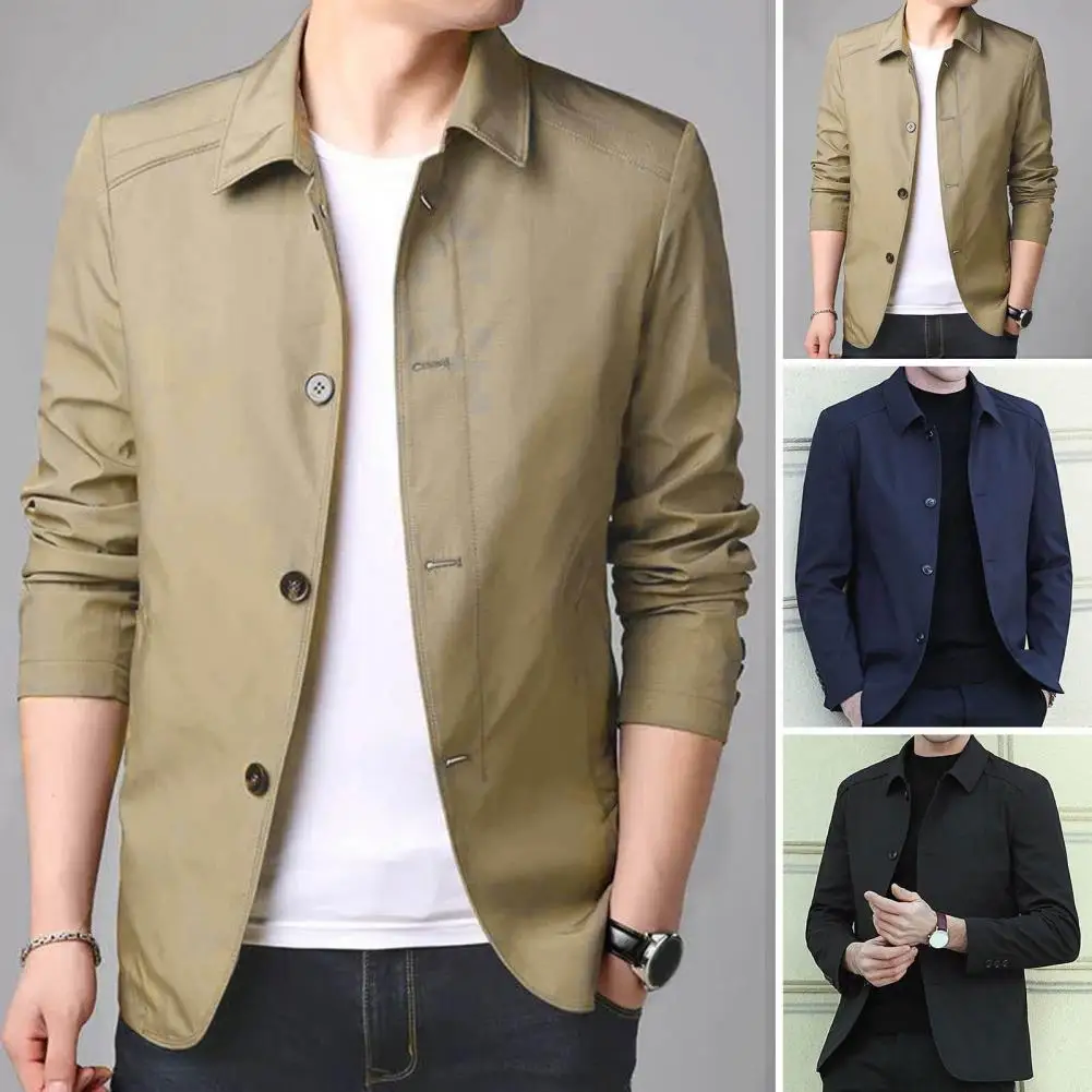 

Fall Spring Men Coat Turn-down Collar Solid Color Long Sleeve Single-breasted Cardigan Smooth Formal Business Style Men Mid Leng