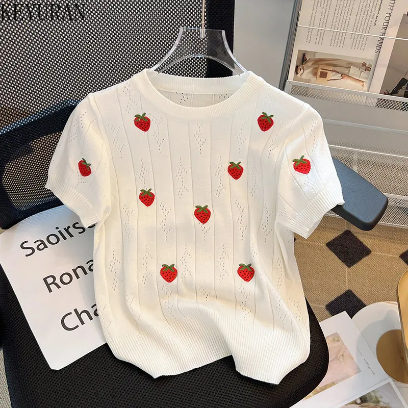 

2023 New Summer Strawberry Embroidery Hollow Out Sweater Women Knitted T-Shirt White Short Sleeve Thin Knitwear Tops Tees Female