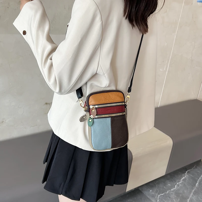 Genuine Leather Women Shoulder Bag Multi Zipper Soft Cowhide Girls Small Mobile Phone bag Color Stitching Color Random shoulder bag,leather handbag