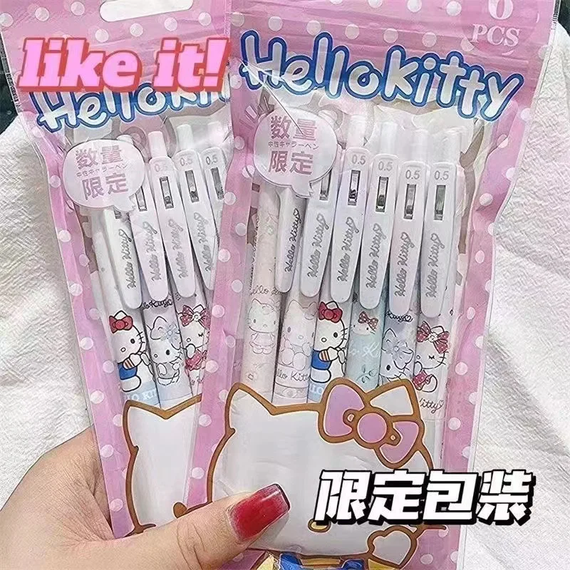 

6Pcs Sanrio Gel Pen Hello Kitty Cartoon Kuromi ST Quick Drying Black 0.5mm Press The Ballpoint Pen Learning Stationery Gifts