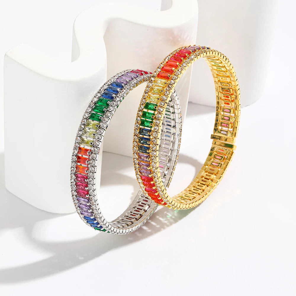 

Luxury 18K Gold Plated Geometric Zircon Bracelet & Bangles For Women Rainbow Crystal Cuff Bracelets Weddings Party Jewelry