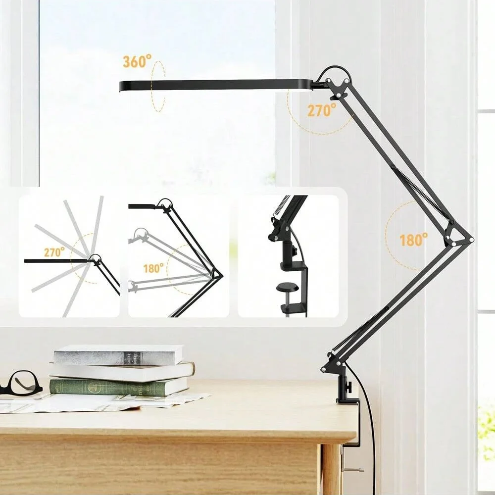 Adjustable Eye-Caring LED Desk Lamp with Clamp - 3 Color Modes & 10 Brightness Levels for Home, Reading, and Study