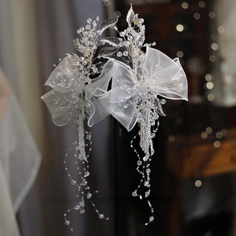 Silk Yarn Beaded Crystal Bridal Headdress Super Fairy Beauty Wedding Hair Clip Wedding Accessories