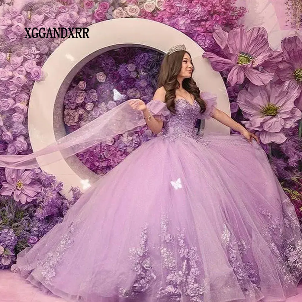 

Romantic Purple Quinceanera Dresses 2024 Ball Gown For Sweet 15 16 Girl 3D Flowers Vestidos De XV Años Beads Birthday Prom Dress