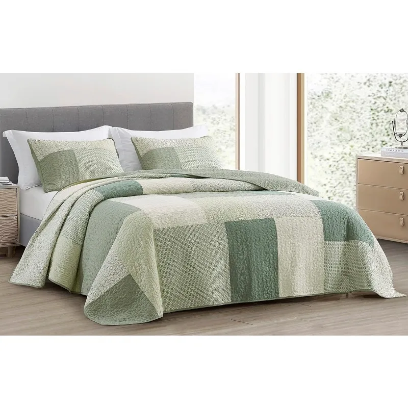 

Collection 3-Piece Chic Patchwork Quilt Set - Green Floral Striped Coverlet - Pre-Washed Cotton Lightweight Reversible Bedspread