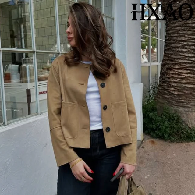 HXAO معطف قصير من جلد الغزال سترة نسائية ديمي الموسم كم طويل جديد في المعاطف والسترات زر سترة منفوخة من الجلد الصناعي