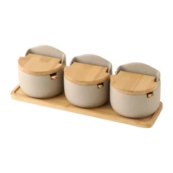Japanese Style Ceramic Seasoning Jar with Bamboo Lid and Spoon - Kitchen Storage Container for Sugar, Salt, and Spices (3Pcs Set)