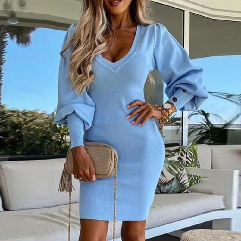 

Sexy Deep V-neck Slim Bodycon Office Dress Women Spring Solid Straight Party Dress Autumn Long Sleeve Buttoned Hips Midi Dresses