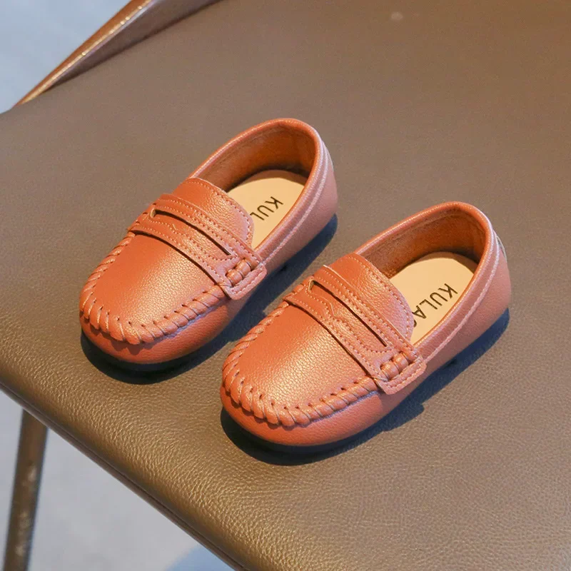 Children Boys Leather Shoes 2025 Spring and Autumn Simple Slip-on Round-toe School Shoes Loafers Flats Moccasins Classic Formal