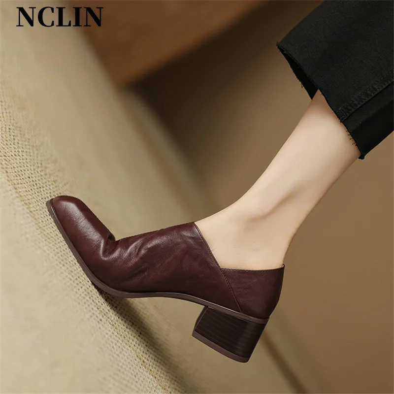 

2024 New Autumn Genuine Leather Loafers French Square Toe Chunky Heel Shoes Winter Women Pumps Shoes For Women Zaptos De Mujer