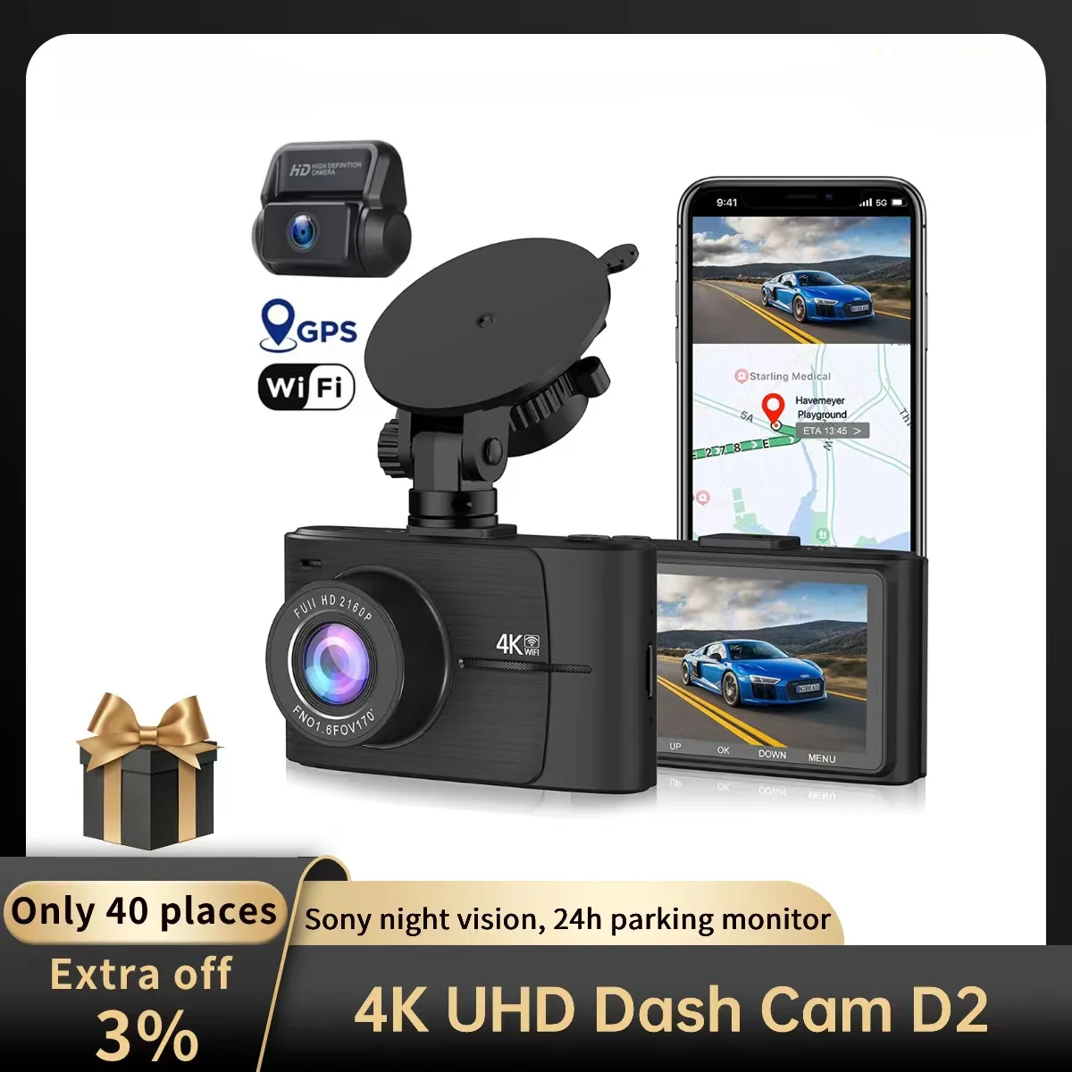 D2 Dash Cam 4K Sony Night Vision Dash Cam For Car GPS WiFi Dashcam 24H