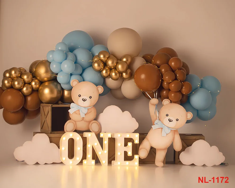 First Birthday Backdrop 6x4 FT - Bear Golden Balloons Photography Background For Baby Shower & Cake Smash