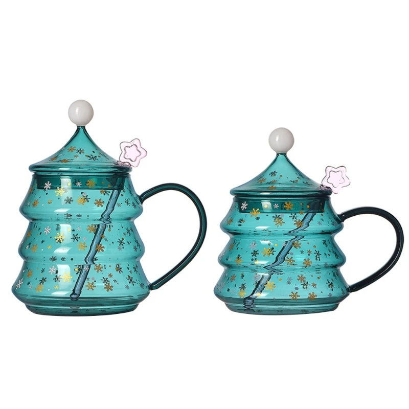 

Christmas Tree Shaped Cups Heat Resistant Glass Mugs Coffee Cups with Lids Funny Mugs 400ML/500ML 2 Capacities to Choose