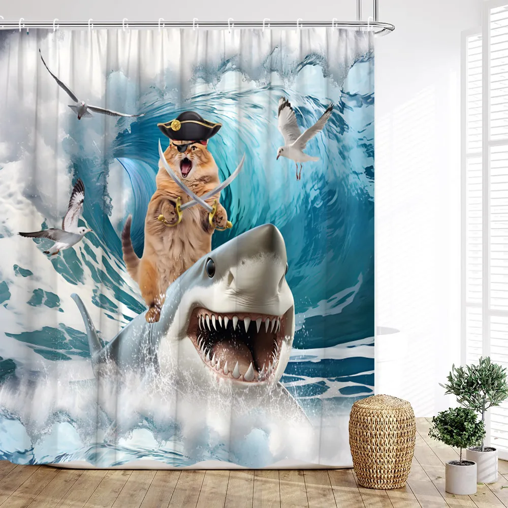 

Funny Animal Shower Curtain Cat Riding Shark Dinosaur Ocean Waves Cow Turtle Coral Cartoon Cute Penguin Home Bathroom Decoration