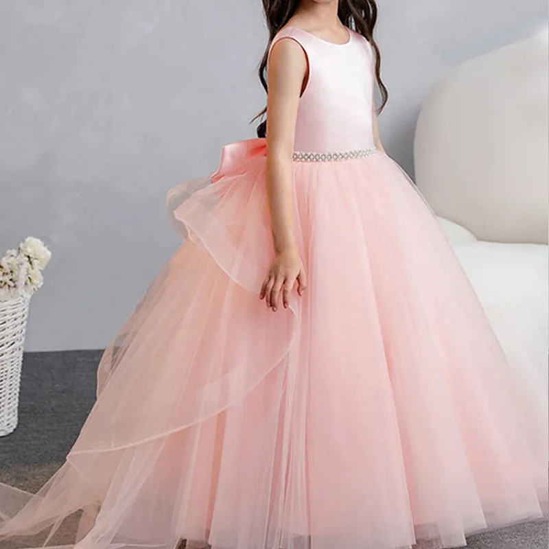 

Girls' dress bow long puffy yarn sleeveless pink birthday princess dress