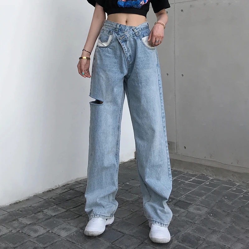 

Ripped Hole Autumn Denim Pants Women High Asymmetrical Waist Vintage Straight Jeans Loose Wide Leg Trousers Streetwear Pockets
