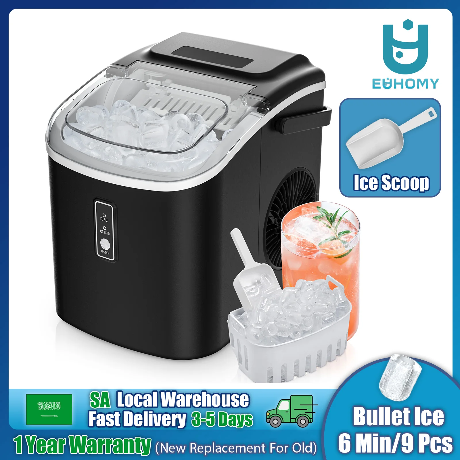 EUHOMY IM003 صانعة الثلج المنزلية للثلج، إنتاج 9 قطع/6 دقائق، آلة صنع الثلج مع وظيفة التنبيه التلقائي، مناسبة للاستخدام المنزلي والمكتب