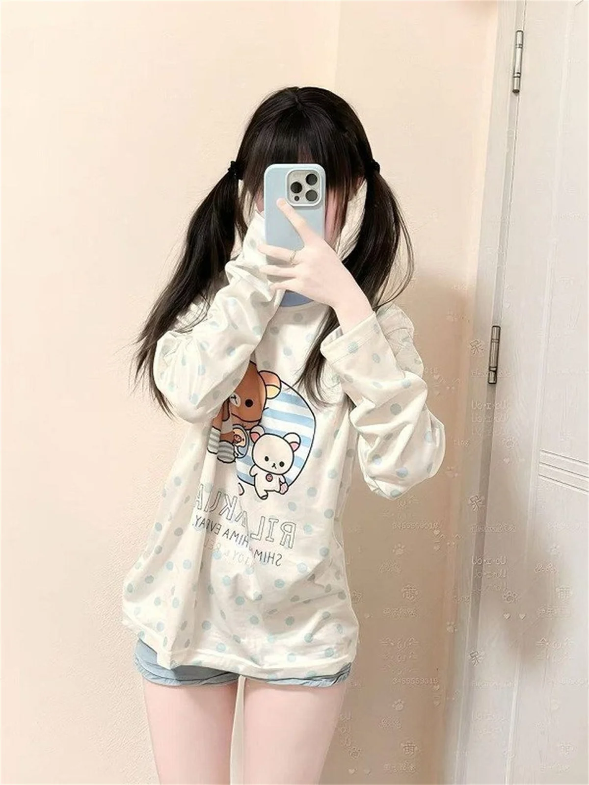 Japanische süße Polka Dot Bär Print T-Shirts 2000er Jahre Y2k ästhetische süße Kawaii Pullover T-Shirt E-Girls lose lässige Top Ropa Mujer