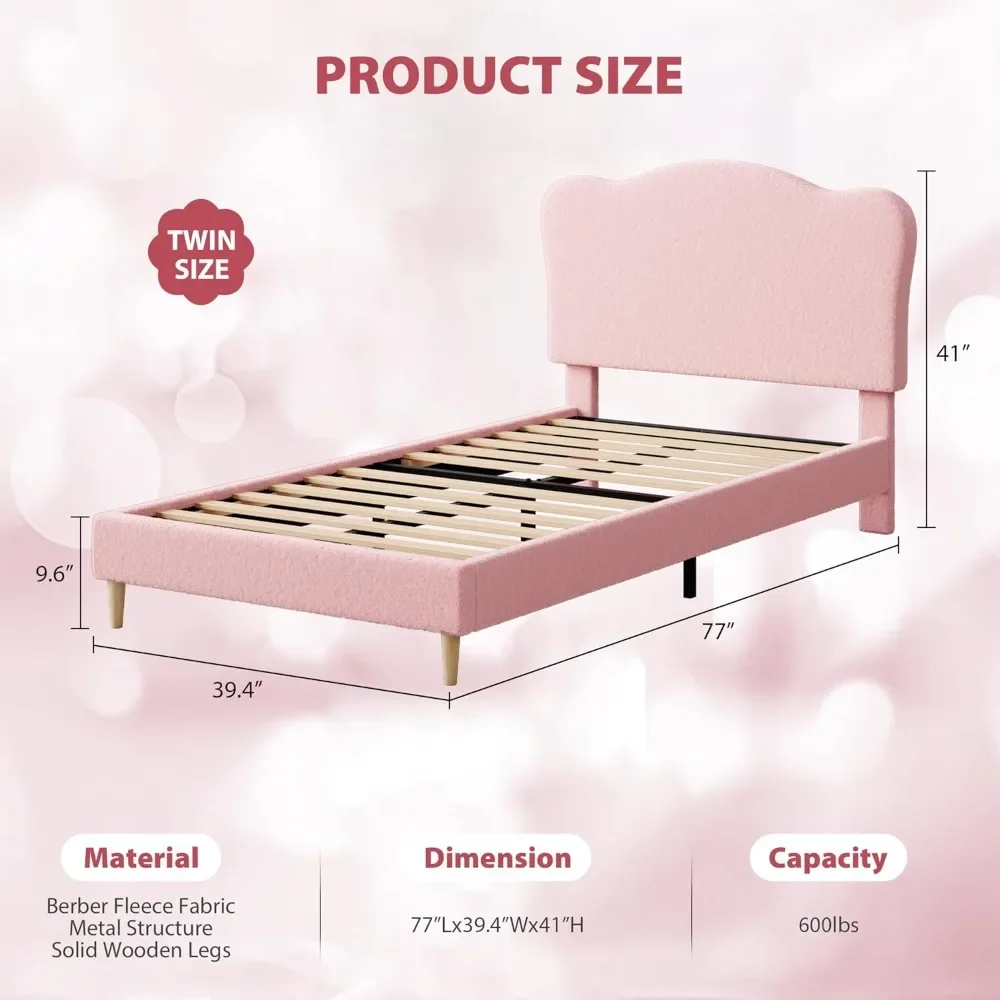 Upholstered Twin Size Bed Frame for Kids with Scallop Headboard, Cute Velvet Twin Bed for Girls, Boys, Sturdy Platform Bed 2