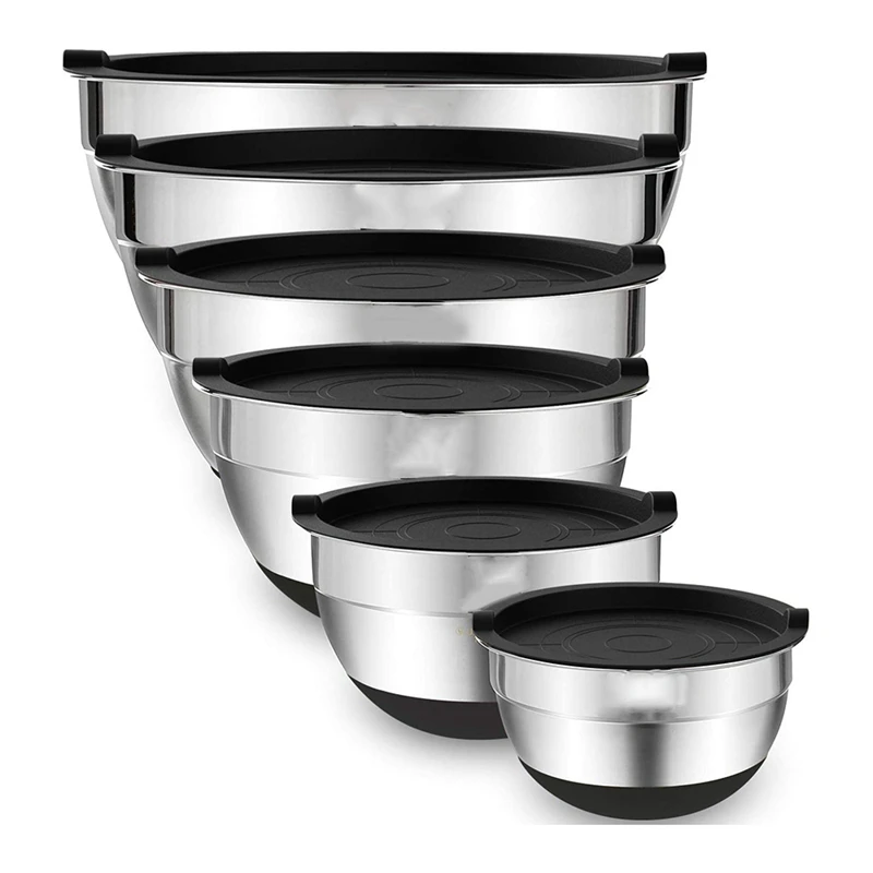 

Mixing Bowls With Airtight Lids,6 Piece Stainless Steel Metal Nesting Storage Bowls, Non-Slip Bottoms