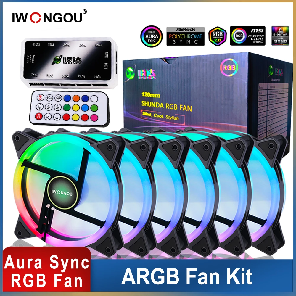 IWONGOU 120mm PC Computer Case Fan Cooling Cooler 6PIN RGB Led 12cm Mute Ventilador 5V DC ARGB Fans Adjust Speed Aura Sync |