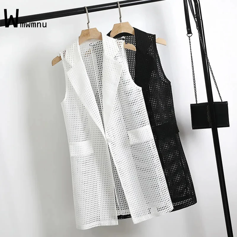 Hollow Out Design Single Button Turndown Collar Women Summer Vest