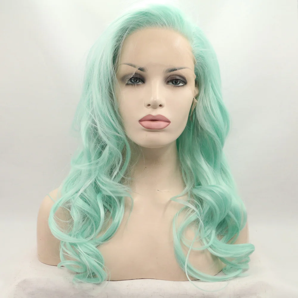 Melody Wig Long Wavy Lace Front Wig with Heat Resistant Fiber for Women Drag Queen Cosplay 24inches Mint Green Light Green Color