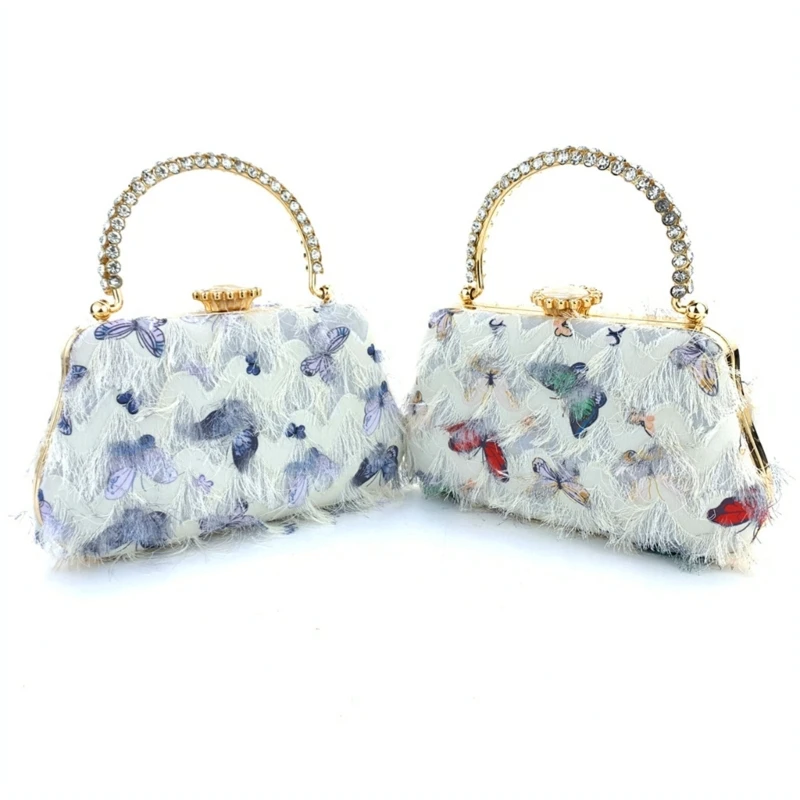 Glittering Rhinestones Evening Handbag Purse Butterfly Tassels Crossbody Bag