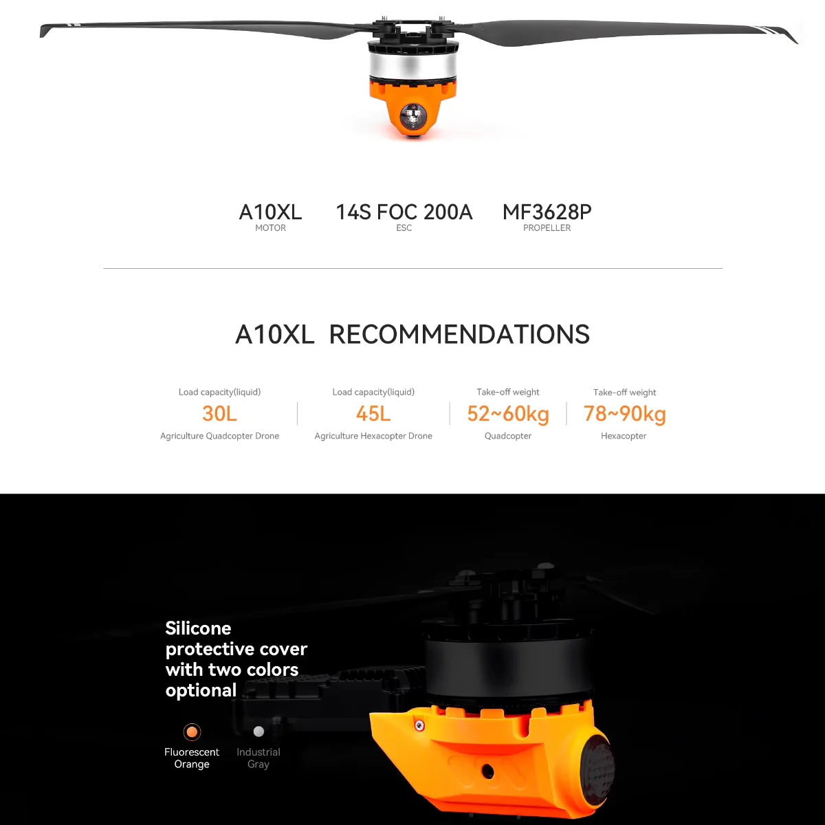 Gros plan sur une hélice drone MF3628P CW, montrant le pas et la fixation centrale.