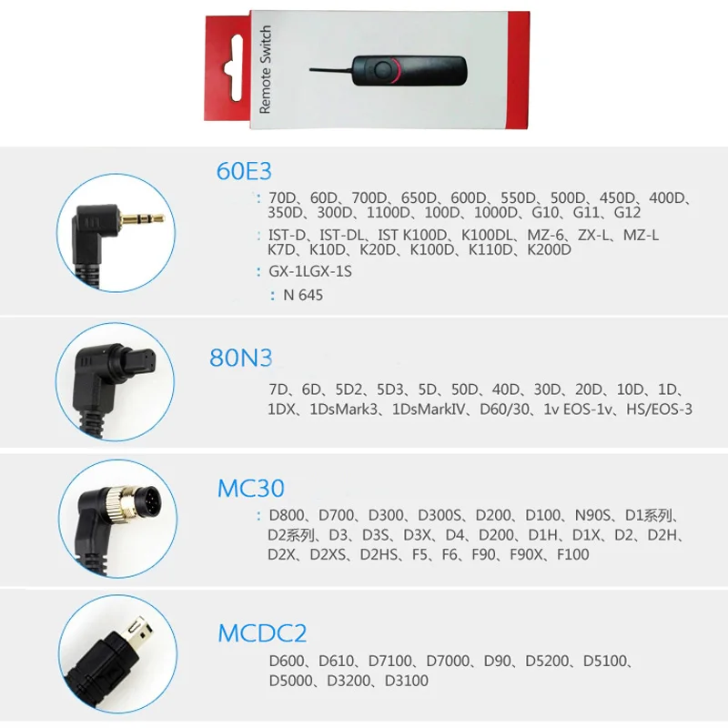 10pcs/lot RS-80N3 Remote Shutter Release Control cord for canon 20D/30D/40D/50D/5D/5DII/7D/5D3/6D