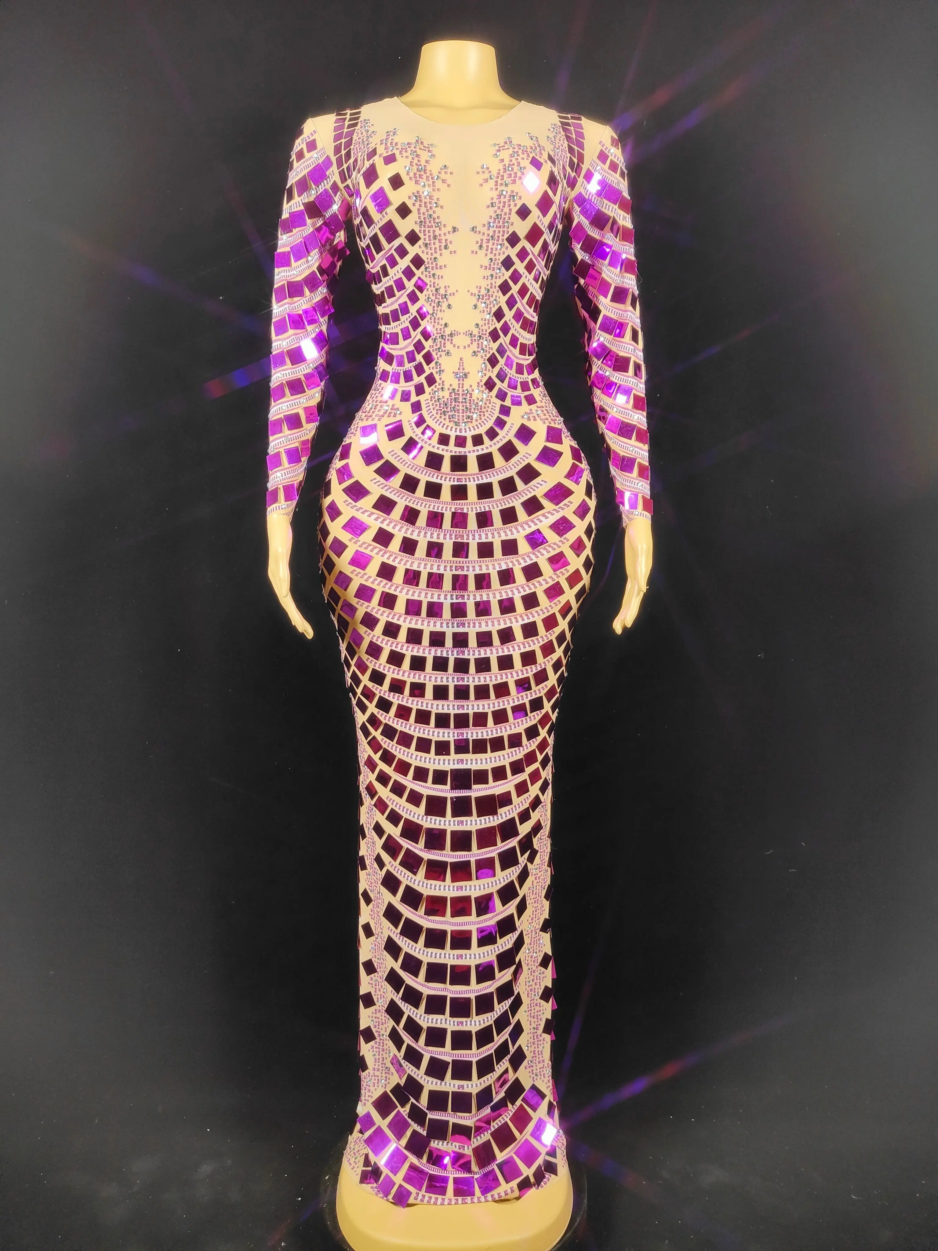 

New Style Purple Sequins Rhinestones Transparent Long Dress Birthday Celebrate Costume Women Dance Performance Dress zizhizhu