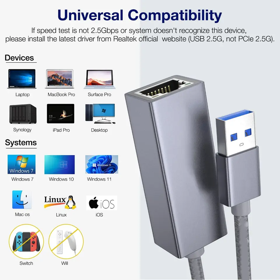 USB 3.0 To 2.5G LAN Gigabit Ethernet Adapter RTL8156B 2500/1000/100Mbps USB C 3.1 RJ45 Network Card for Laptop Desktop PC image 5