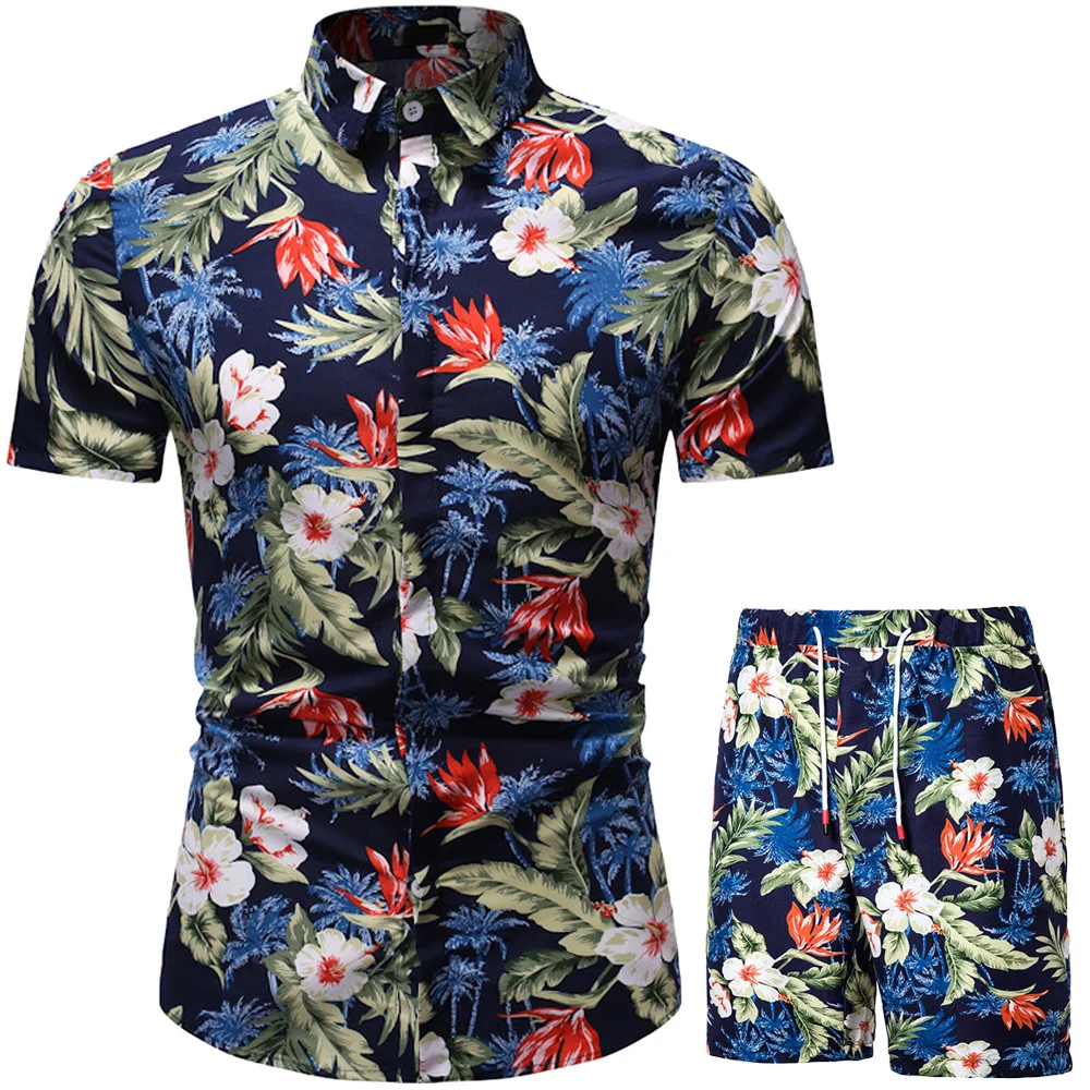 TUNEVUSE Mens Hawaiian Shirts and Shorts Set 2 Pieces Tropical Outfit Flower Print Button Down Beach Suit with Bucket Hats 