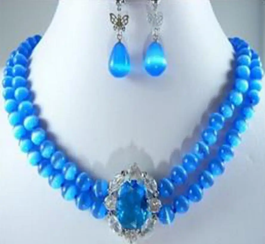 

New Women's Charming Lady'S 2 Rows 8mm Blue Necklace Pendant Earrings Set .