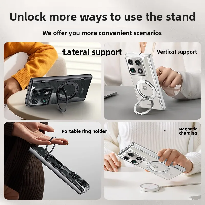 Electroplated Transparent HD Glass Cover with 360° Rotating Magnetic Stand and Shockproof Wireless Charging Compatibility